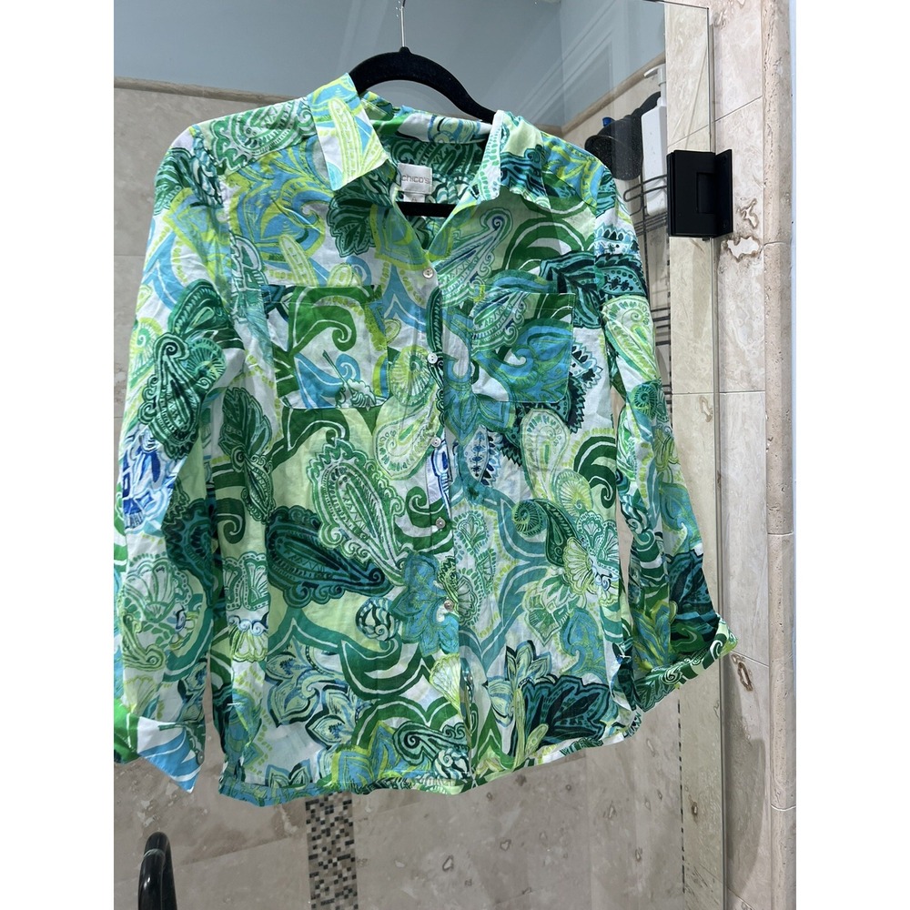 Chicos Size 0 Long Sleeve Geometric Paisley Tunic Top Gauzy Cotton Green Blue